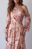 Pink Floral A Line Ruched Long Formal Dress