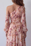 Pink Floral A Line Ruched Long Formal Dress