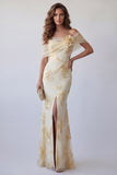 Light Yellow Floral Embroidered Mermaid Long Formal Dress with Slit