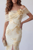 Light Yellow Floral Embroidered Mermaid Long Formal Dress with Slit