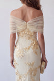 Light Yellow Floral Embroidered Mermaid Long Formal Dress with Slit