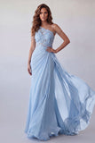 Sky Blue Floral Appliqued Ruched Long Formal Dress