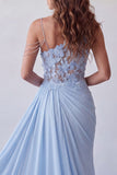 Sky Blue Floral Appliqued Ruched Long Formal Dress