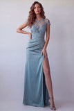 Satin Grey Blue Floral Embroidered Long Formal Dress with Slit