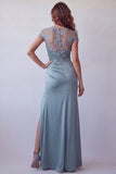 Satin Grey Blue Floral Embroidered Long Formal Dress with Slit