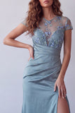 Satin Grey Blue Floral Embroidered Long Formal Dress with Slit