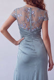 Satin Grey Blue Floral Embroidered Long Formal Dress with Slit