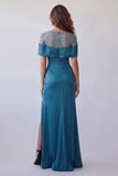 Peacock Blue Mermaid Floral Long Formal Dress with Slit