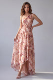 Pink Floral A Line One Shoulder Backless High Low Formal Dress