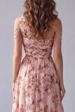 Pink Floral A Line One Shoulder Backless High Low Formal Dress