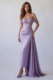 Light Purple Sheath Off the Shoulder Beaded Long Formal Dress with Cape