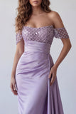 Light Purple Sheath Off the Shoulder Beaded Long Formal Dress with Cape