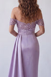 Light Purple Sheath Off the Shoulder Beaded Long Formal Dress with Cape