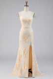 Light Yellow Floral Embroidered Cold Shoulder Long Formal Dress with Slit