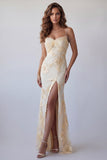 Light Yellow Floral Embroidered Cold Shoulder Long Formal Dress with Slit
