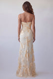Light Yellow Floral Embroidered Cold Shoulder Long Formal Dress with Slit