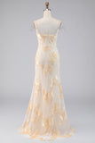 Light Yellow Floral Embroidered Cold Shoulder Long Formal Dress with Slit