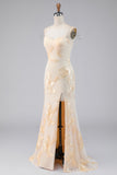 Light Yellow Floral Embroidered Cold Shoulder Long Formal Dress with Slit