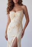 Light Yellow Floral Embroidered Cold Shoulder Long Formal Dress with Slit