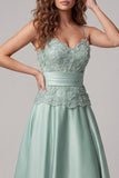 A Line Green Floral Appliqued Spaghetti Straps Long Formal Dress