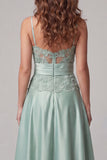 A Line Green Floral Appliqued Spaghetti Straps Long Formal Dress