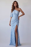 Sky Blue Floral Mermaid Ruched Long Formal Dress with Slit