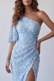 Sky Blue Floral Mermaid Ruched Long Formal Dress with Slit