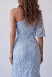 Sky Blue Floral Mermaid Ruched Long Formal Dress with Slit