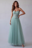 Green Corset Floral A Line Long Formal Dress