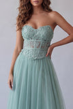 Green Corset Floral A Line Long Formal Dress