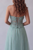 Green Corset Floral A Line Long Formal Dress