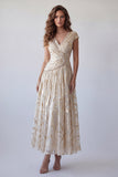 A Line Floral V Neck Long Wedding Guest Dress