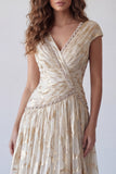 A Line Floral V Neck Long Wedding Guest Dress