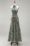 Dusty Sage Floral A Line Halter Neck Long Wedding Guest Dress