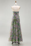 Dusty Sage Floral A Line Halter Neck Long Wedding Guest Dress