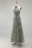 Dusty Sage Floral A Line Halter Neck Long Wedding Guest Dress