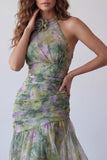Leely Women Dusty Sage Floral A Line Long Wedding Guest Dress Backless Halter Neck Garden Party Dress