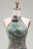 Dusty Sage Floral A Line Halter Neck Long Wedding Guest Dress