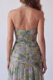 Leely Women Dusty Sage Floral A Line Long Wedding Guest Dress Backless Halter Neck Garden Party Dress