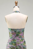 Dusty Sage Floral A Line Halter Neck Long Wedding Guest Dress