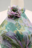 Dusty Sage Floral A Line Halter Neck Long Wedding Guest Dress