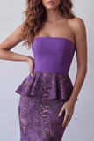 Purple Floral Mermaid Ruffled Midi Formal Dress