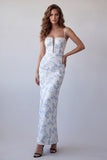 Light Blue Floral Sheath Spaghetti Straps Long Wedding Guest Dress