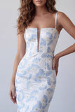 Light Blue Floral Sheath Spaghetti Straps Long Wedding Guest Dress