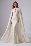 Champagne Mermaid Floral Long Formal Dress with Cape