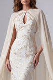 Champagne Mermaid Floral Long Formal Dress with Cape
