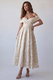 Champagne A Line Floral Long Formal Dress