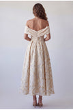 Champagne A Line Floral Long Formal Dress