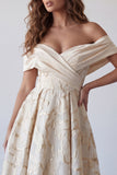 Champagne A Line Floral Long Formal Dress