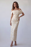 Sheath Champagne Floral Off the Shoulder Long Formal Dress